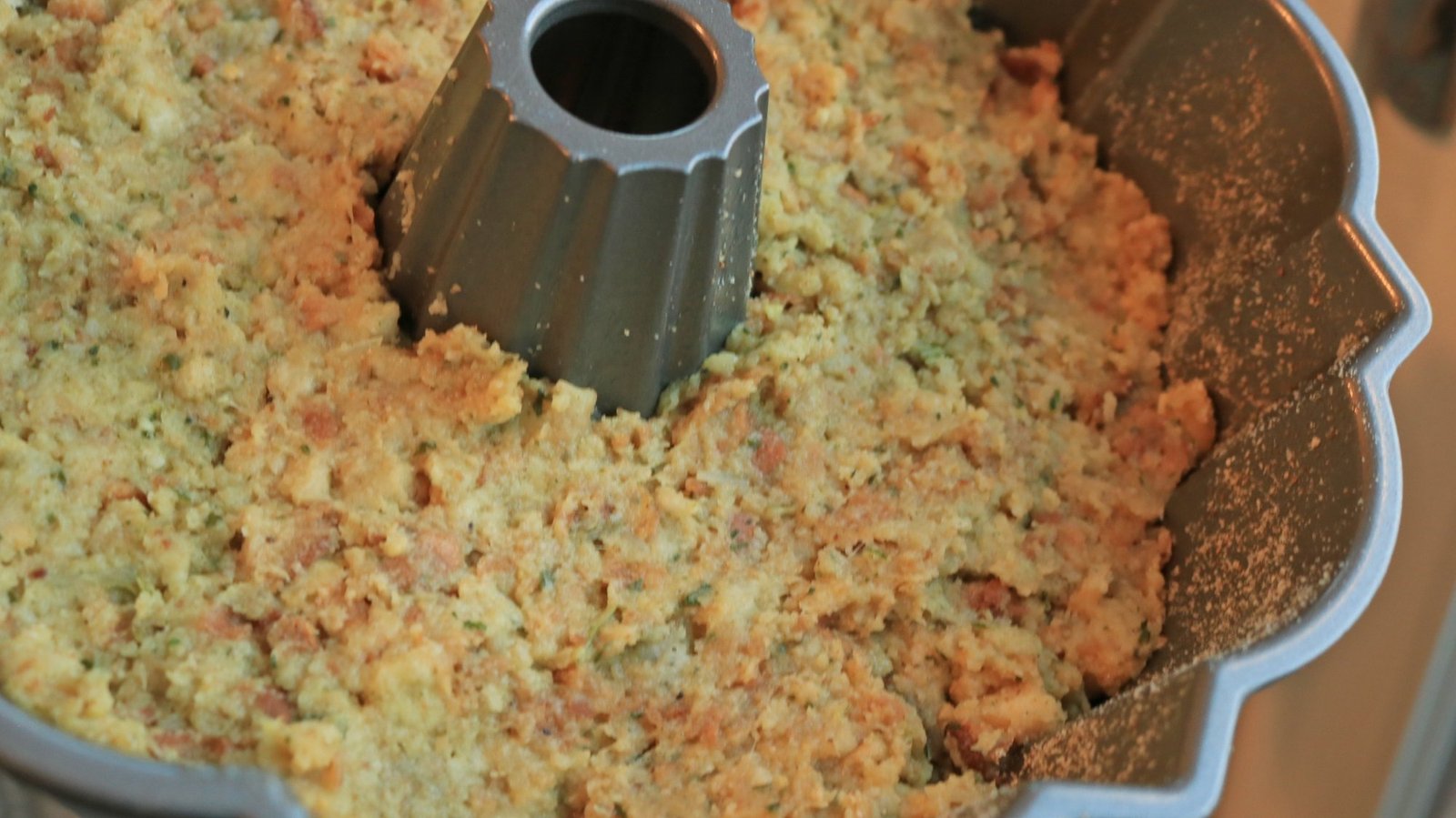 Stuffing packed into a bundt pan.