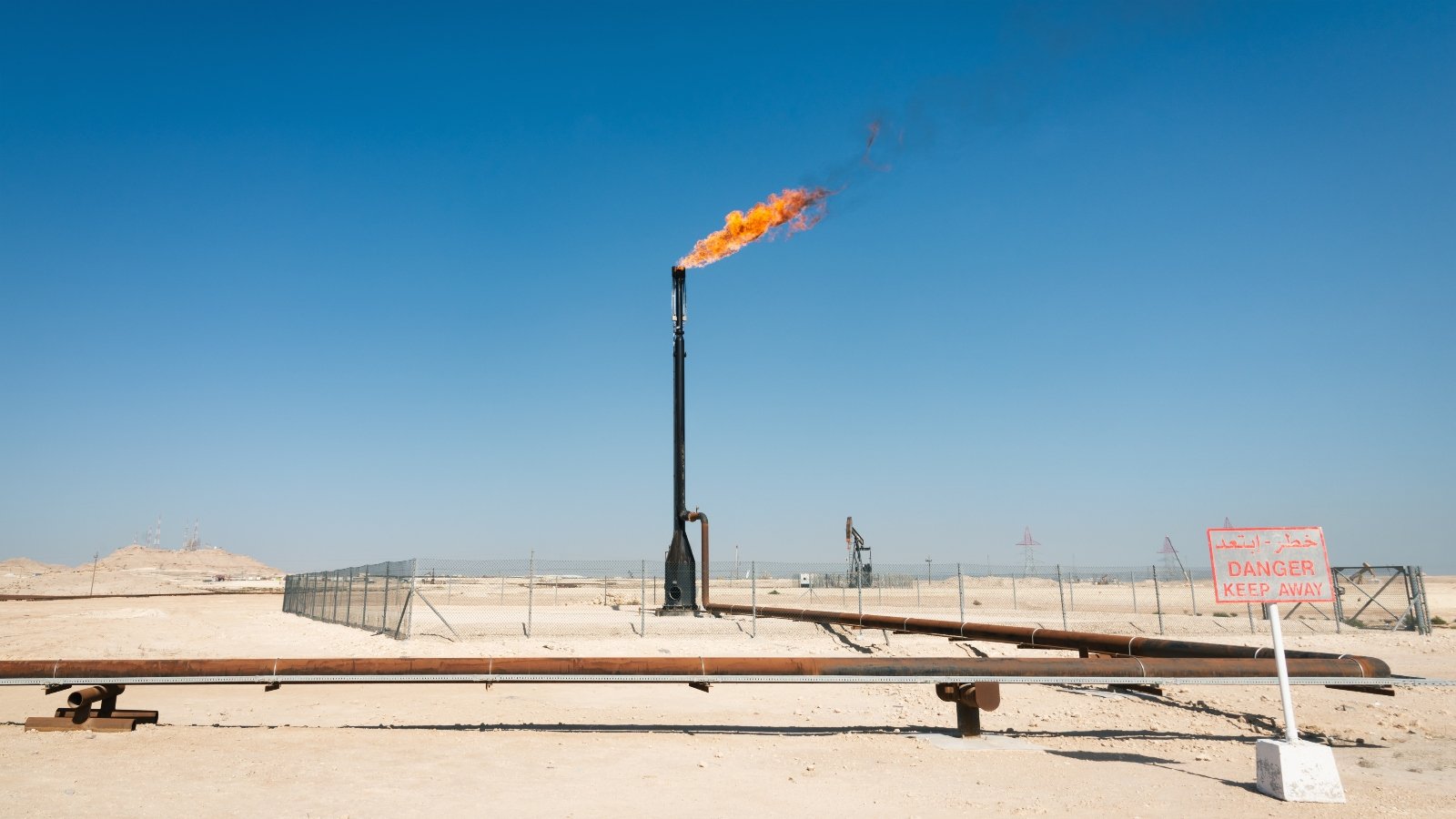 A burning flare stack at an oil and gas field in​ the‌ nation of Bahrain.