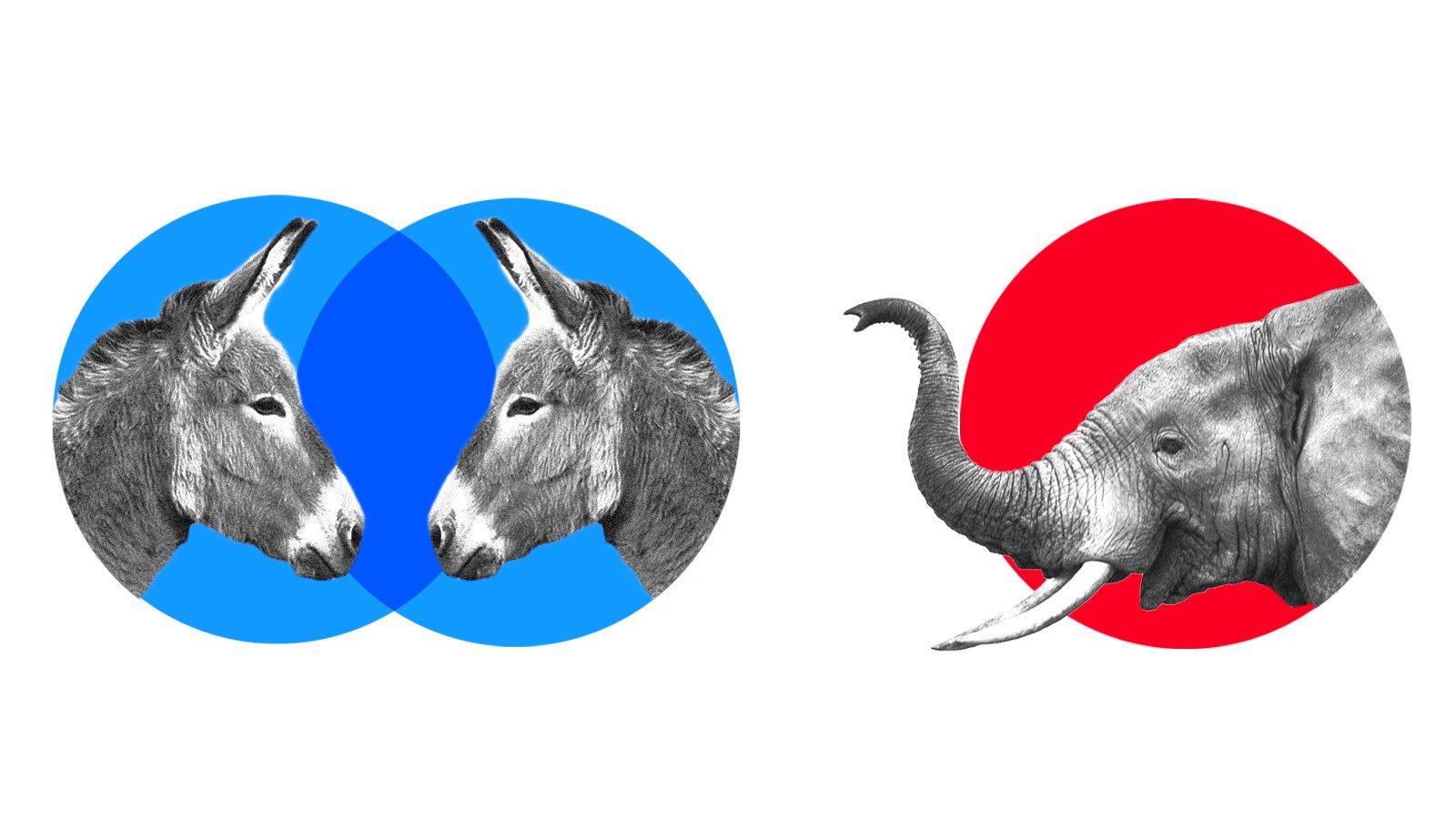 Collage:‌ Two donkeys in two ‌blue intersecting circles and‍ an elephant in one red ⁢circle