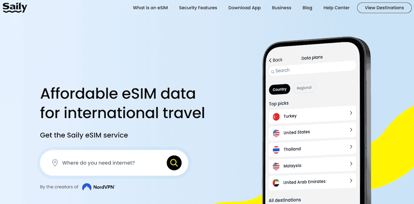 A screenshot from the Saily eSIM homepage